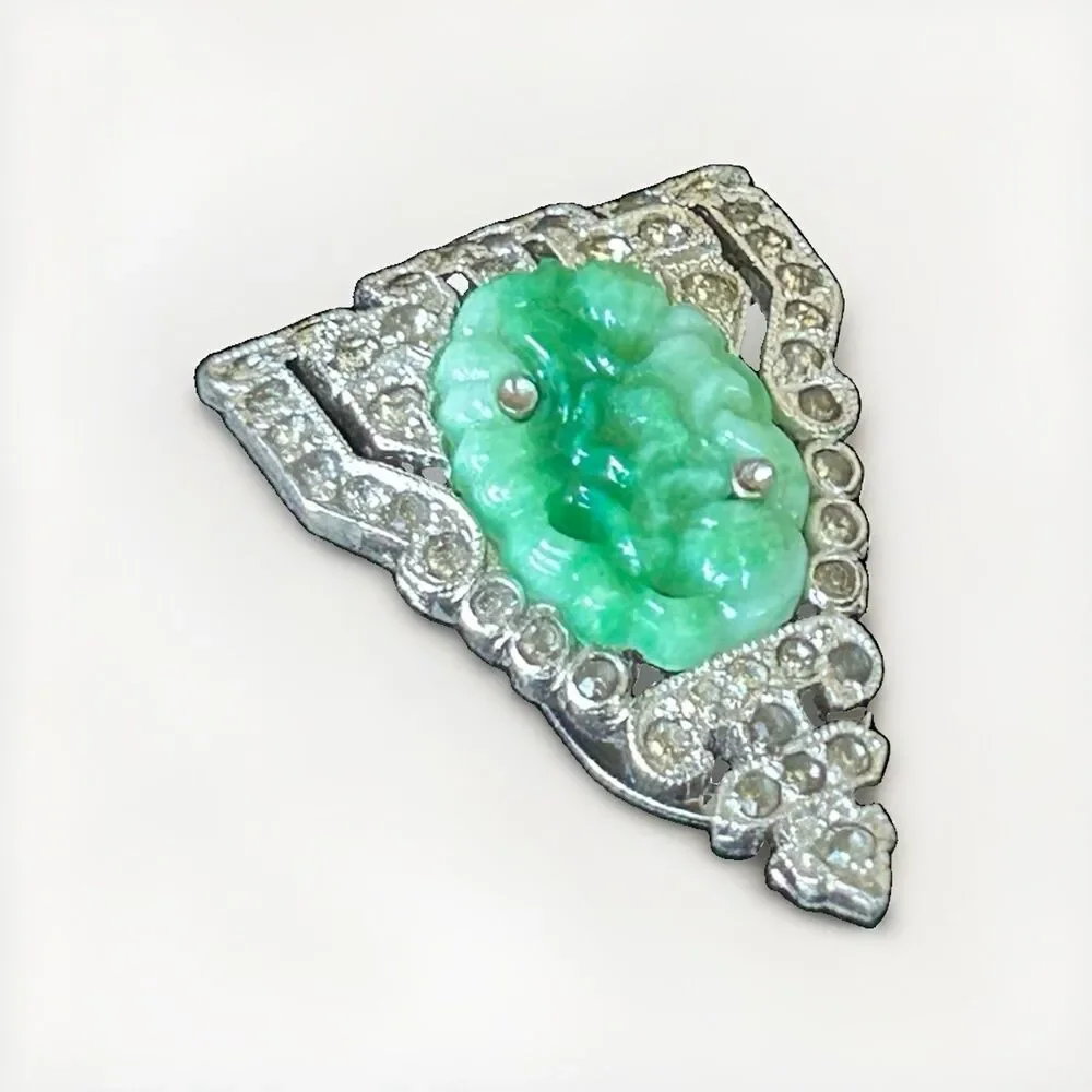 KTF Trifari Alfred Philippe 1930s Ming Series Faux Jade Pave Dress Clip Single